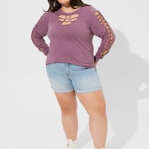 Torrid Mauve Purple Cutout lace up Sleeve Long Sleeve Top BNWT size 0